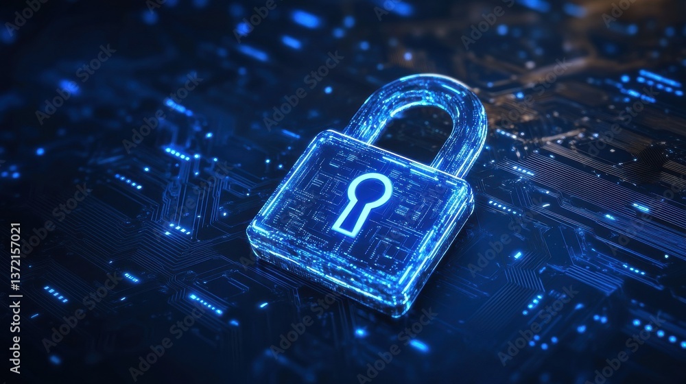 Poster a digital padlock on a dark blue backdrop symbolizes robust cyber security, emphasizing fraud preven