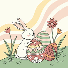 Floral spring card with cartoon bunny and eggs amidst a blossom pattern