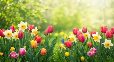Fototapeta premium Beautiful field of colorful tulips and daffodils in springtime sunshine