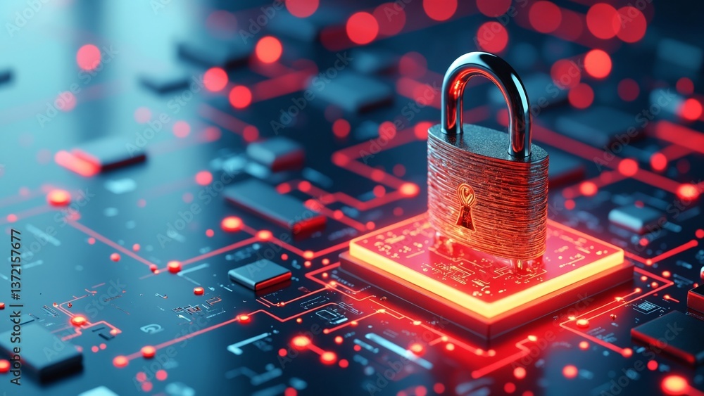 Poster Digital Security Concept Featuring a Metallic Padlock on a Glowing Red Base Surrounded by Abstract Technology Elements