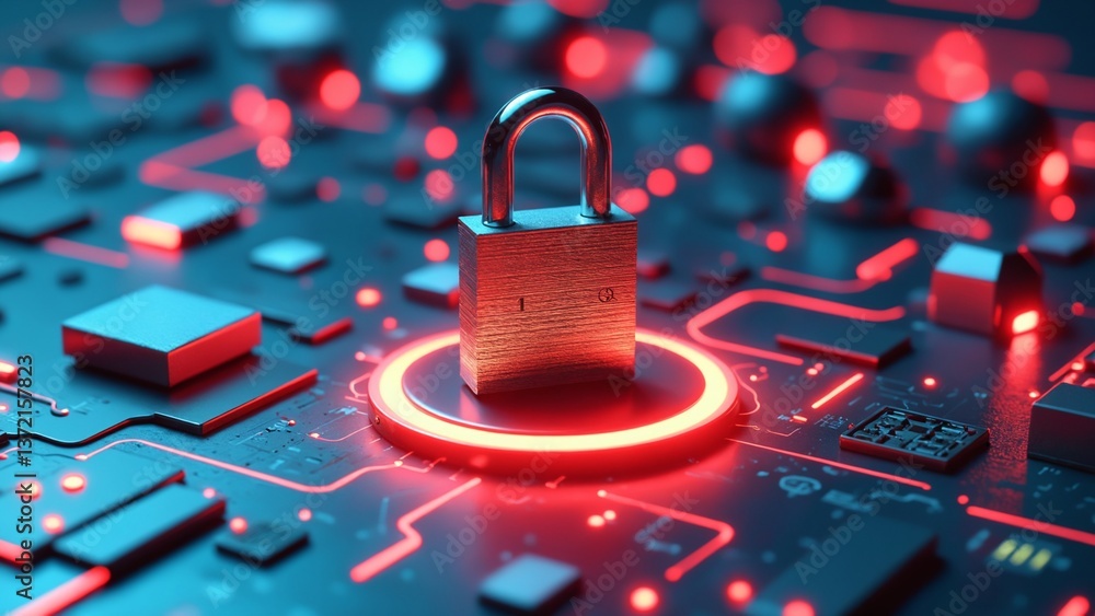 Poster Digital Security Concept Featuring a Metallic Padlock on a Glowing Red Base Surrounded by Abstract Technology Elements