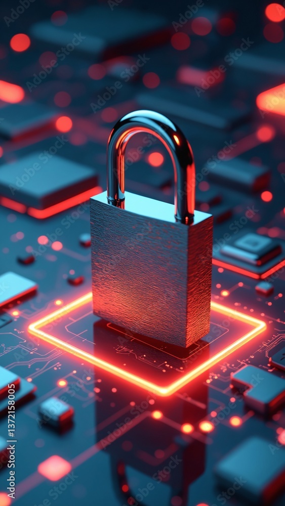 Aufkleber digital security concept featuring a metallic padlock on a glowing red base surrounded by abstract t