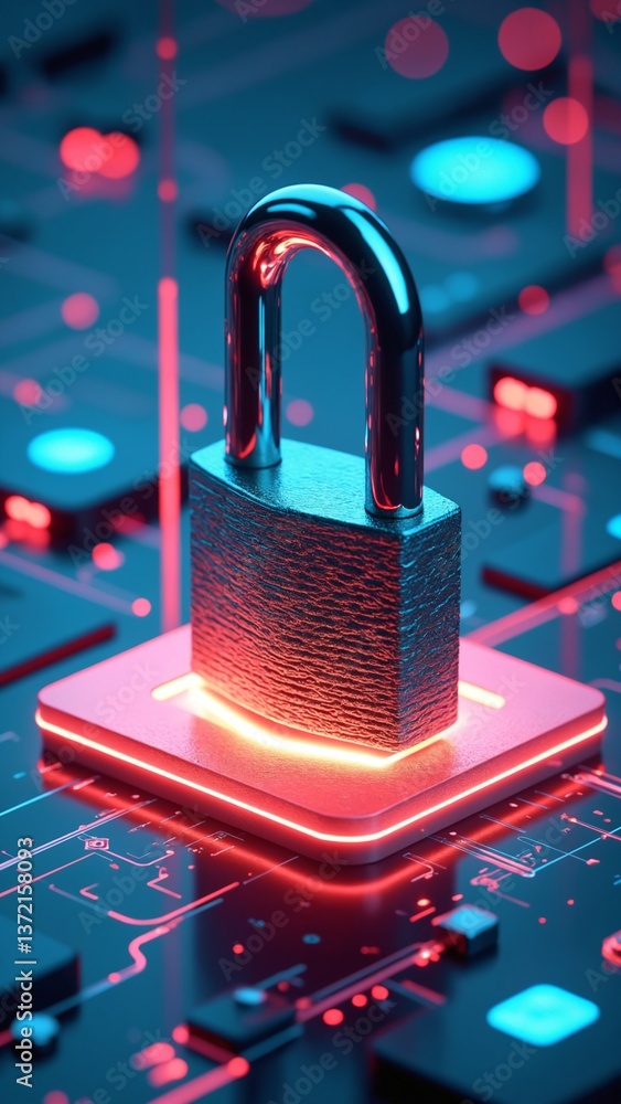 Aufkleber Digital Security Concept Featuring a Metallic Padlock on a Glowing Red Base Surrounded by Abstract Technology Elements