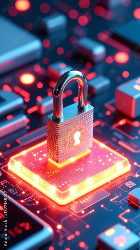 Poster Digital Security Concept Featuring a Metallic Padlock on a Glowing Red Base Surrounded by Abstract Technology Elements