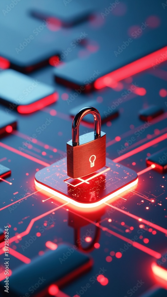 Aufkleber Digital Security Concept Featuring a Metallic Padlock on a Glowing Red Base Surrounded by Abstract Technology Elements