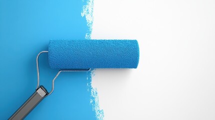 Blue paint roller applying fresh coat of paint on a white wall, close-up. DIY home renovation concept illustration