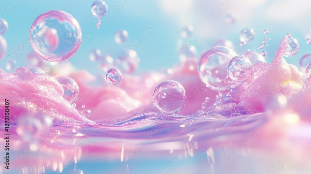 Poster a playful blend of pink bubbles and spheres in a refreshing water setting, creating a colorful and b