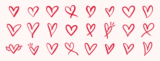 pink hand drawn hearts. unique heart various styles and shapes. Pink hearts doodle artistic set. Valentines hearts