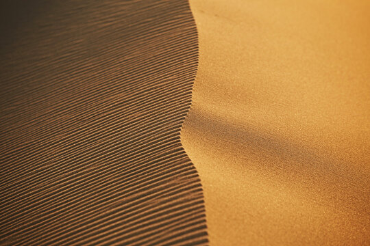 Sand on top of desert in sunset light, smooth and rough surface