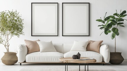 Minimal modern home design with warm furniture colors, poster frame mockup on bright interior background, 3d render. illustration