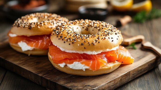 Everything bagel with cream cheese and lox on a wooden board. Use this image to showcase delicious and healthy breakfast options.