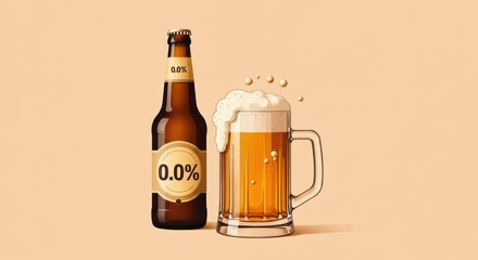 Alcohol-free beer bottle and glass with frothy head on a beige background