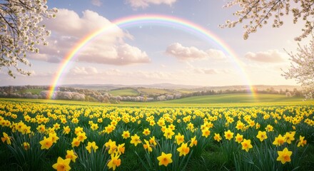 A beautiful field of daffodils under a colorful rainbow arch