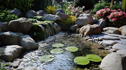Backyard water feature, flowing stream, stones, lush landscaping, peaceful scene, possible use stock photo, for wallpaper, greeting card