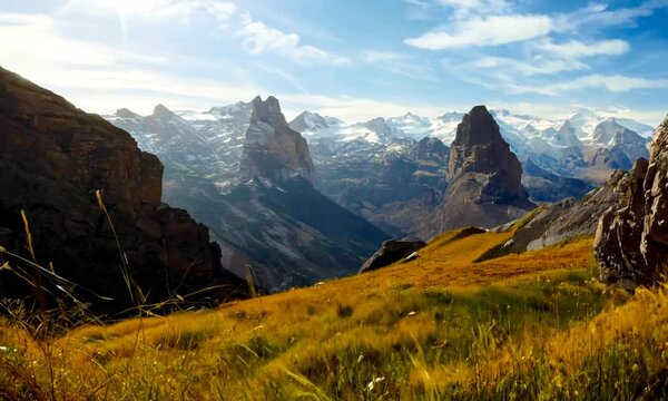 Majestic mountain landscape with rocky terrain and soft grass in daytime