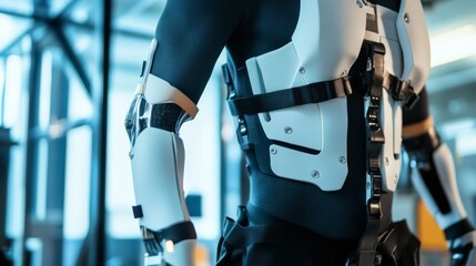 A futuristic AI powered robotic exoskeleton, enhancing human strength and mobility, high-tech rehabilitation center