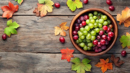 Autumn grapes in wooden bowl on rustic wood