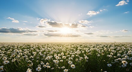Obraz premium Field of white daisies with sun shining in the background