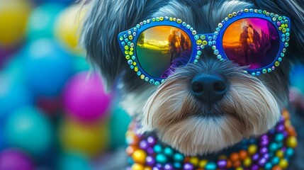 Close-up Portrait of a Dog with Colorful Sunglasses and Beads, Dog Fashion, Pet Photography Dog photography, pet portrait