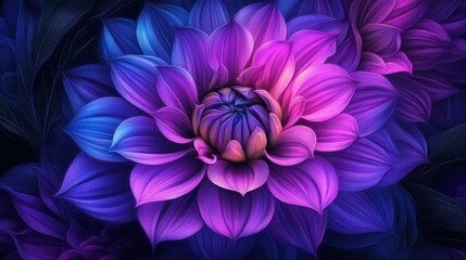 Fototapeta premium Neon Bloom - A Single Purple and Blue Dahlia illustration