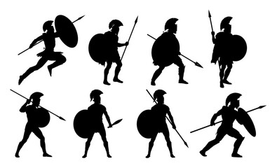 Obraz premium set of silhouettes of an ancient Greek warrior with spear and shield, Spartan, hoplite - vector illustration 