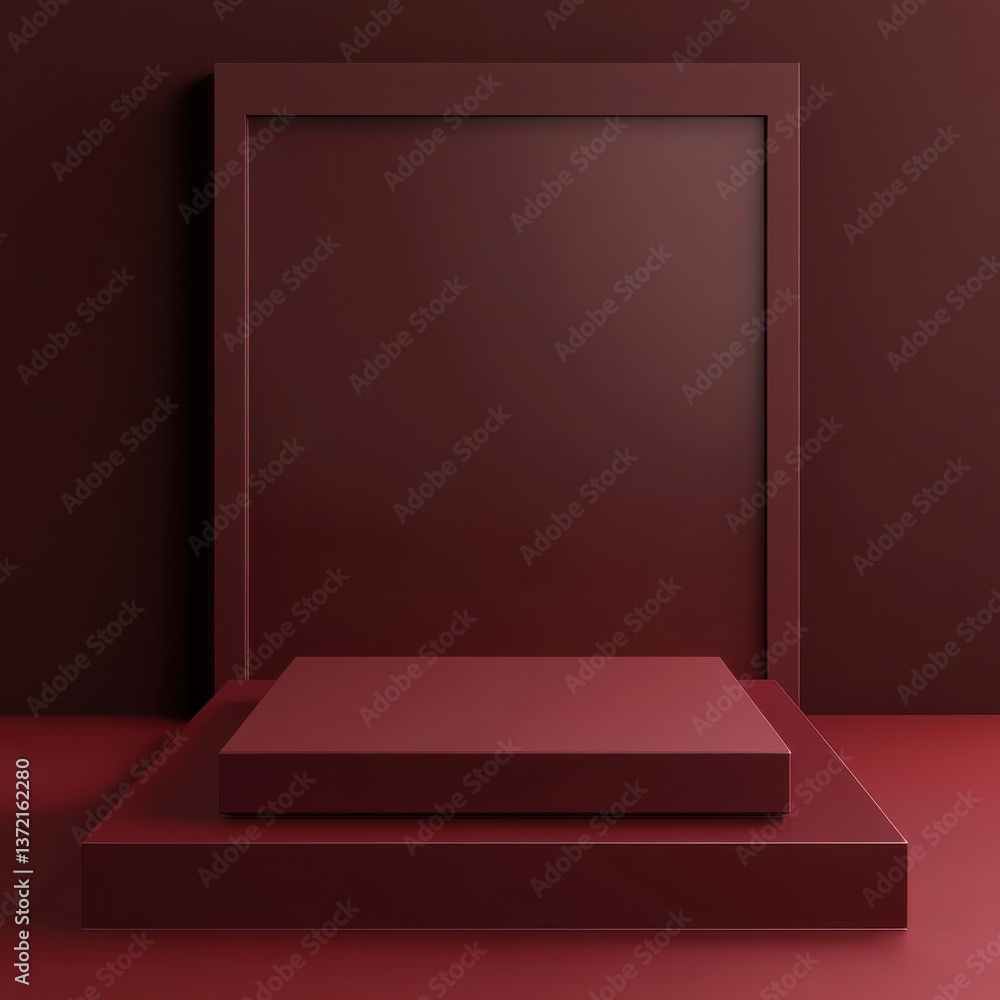 Poster red background, empty product display podium on red floor with dark maroon background. simple and cl