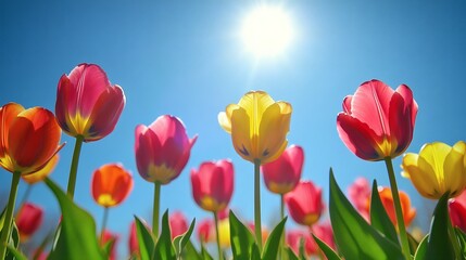 Obraz premium Tulip field under a bright sun. Red, orange, and yellow flowers in bloom.