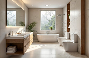 Spacious bathroom showcases a contemporary layout with a freestanding tub, double sink vanity, and natural elements. Soft light from windows enhances the serene atmosphere.