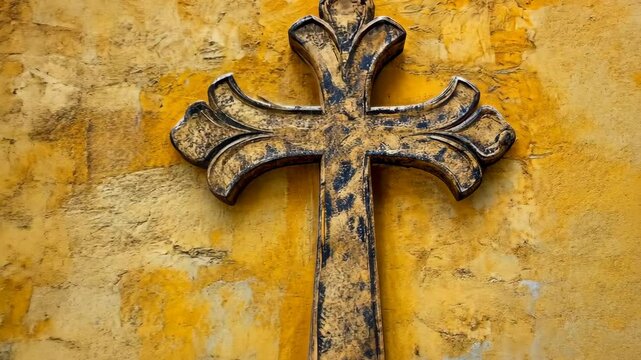 Cross on a weathered wall in a historic area with a yellow background