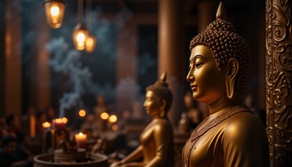 Golden Buddha statues in serene sanctuary with candlelight and incense smoke, representing peace and meditation during Vesak celebration, concept of spiritual center or wellness retreat