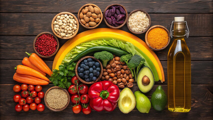 A vibrant rainbow of healthy foods arranged beautifully, showcasing nature's bounty in a rich, dark wood setting with a golden olive oil bottle.