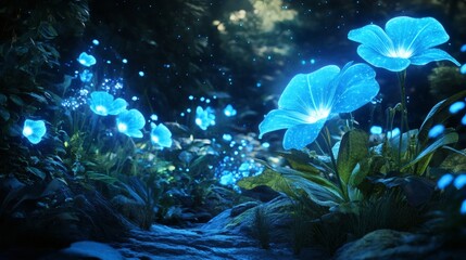 Glowing flowers illuminate a tranquil forest path under a canopy of stars.