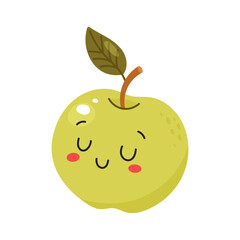 Peaceful green apple cartoon character with closed eyes and blush