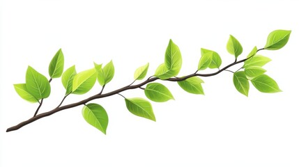 Fototapeta premium A single branch with vibrant green leaves, isolated on a white background. The branch symbolizes growth, nature, renewal, life, and spring., A single branch with vibrant green leaves illustration