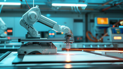 Fototapeta premium 3D printer creating a prototype, glowing filament layers, robotic arm in a futuristic workshop