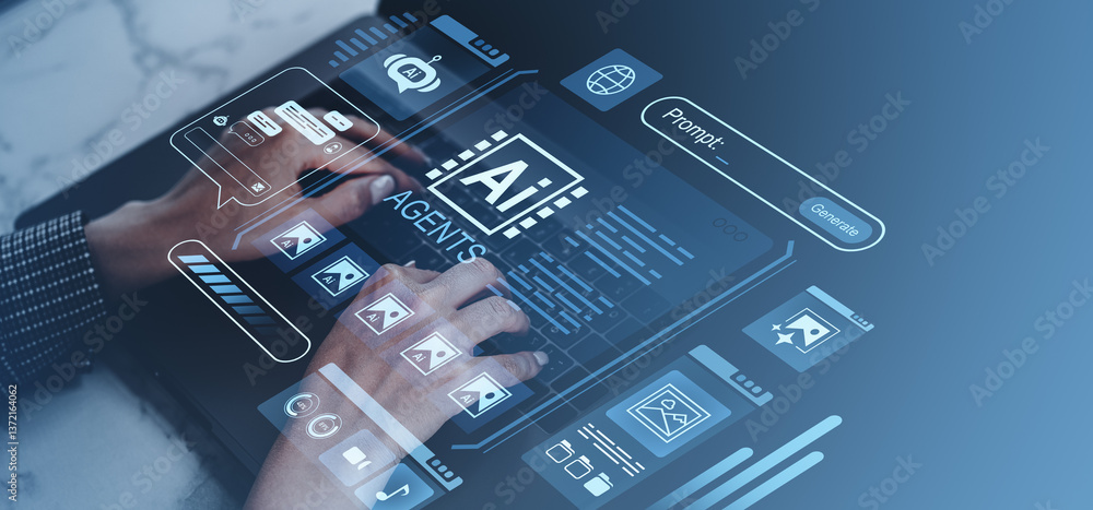 Poster futuristic ai interface for generating images and managing digital content.