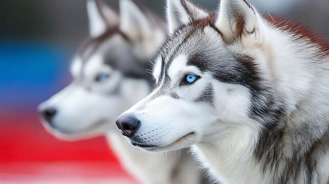 Two beautiful dogs looking to their side with blue eyes