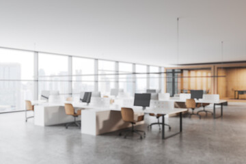 Fototapeta premium Modern office interior with workstations and large windows. 3D Rendering