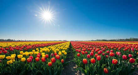 A beautiful field of colorful tulips under a bright blue sky