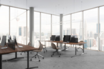 Modern office interior with computers and city view. 3D Rendering