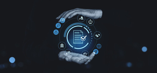 Digital compliance and data security concept with a holographic document surrounded by legal and...