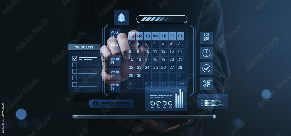 Poster digital task management concept with futuristic interface.