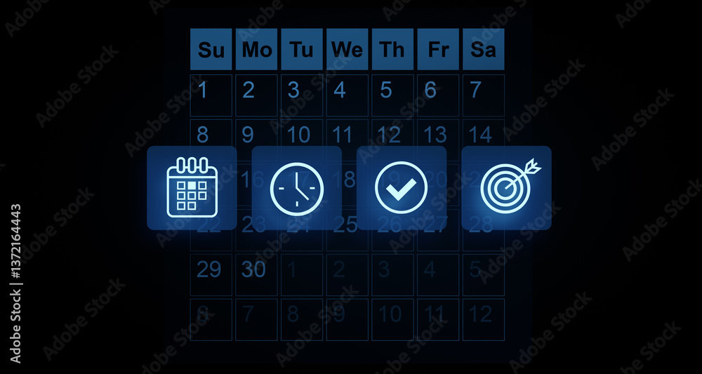Poster digital calendar interface with glowing icons for scheduling, time management, task completion, and 