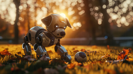 
AI-powered robot pet (e.g., robotic dog) playing fetch in a park, sunset lighting 