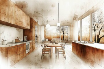 Minimalistic watercolor illustration of modern kitchen and dining area in an autumn setting