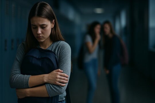 Teen girl feeling sad about school bullying in dark hallway