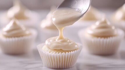 Whipped Frosting Being Spoon into Cupcake Liners