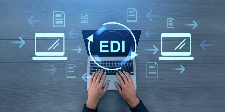 Electronic data interchange EDI concept with digital icons.