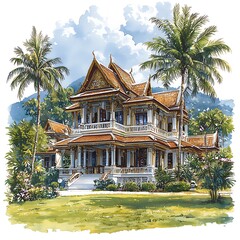 Obraz premium Luxurious Tropical Mansion An Illustration of a Grand Thai-Style House Amidst Lush Greenery.