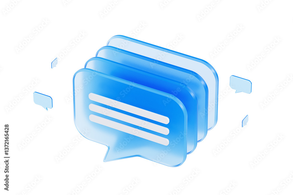 Poster blue layered chat bubble icon with white text lines in modern 3d design. floating speech bubbles aro